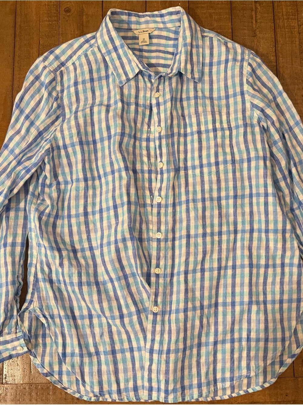 L.L. Bean Light Blue and White Plaid Linen Button-Down Shirt